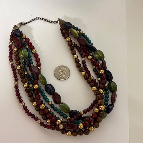 Jewel Tone Multi Strand Beaded Necklace Maroon Green Gold Tone Boho Statement - Picture 3 of 7